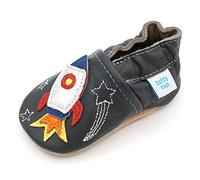 Dotty Fish Scarpine per Bambini e Neonati in Morbida Pelle - Piedi Nudi, Suola Antiscivolo, consigliate dai podologi, Pelle Traspirante, Marchio Britannico - Razzo Spaziale Grigio 6-12 Mesi