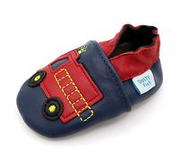 Dotty Fish Scarpine in Pelle Prima Infanzia. Scarpe Bimbi per Primi Passi con Suola Scamosciata. Blu Marino con Camion dei Pompieri Rosso. 6-12 Mesi (19 EU)