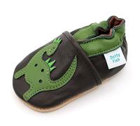 Dotty Fish Scarpine in Pelle Prima Infanzia. Scarpe Bimbi per Primi Passi con Suola Scamosciata. Marrone con Dinosauro Verde. 6-12 Mesi (19 EU)