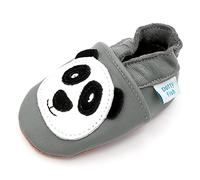Dotty Fish Scarpine in Pelle Prima Infanzia. Scarpe Bimbi per Primi Passi con Suola Scamosciata. Grigio con Panda Nero e Bianco. 18-24 Mesi (23 EU)