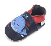 Dotty Fish Scarpine Unisex per Bambini e Neonati in Pelle a Piedi Nudi - Ragazzi e Ragazze, Disegni di Animali, Antiscivolo, Leggere, Flessibili, approvate dai podologi - Balena Blu Navy 12-18 Mesi