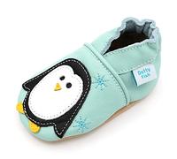 Dotty Fish Scarpine in Pelle Prima Infanzia. Scarpe Bimbi per Primi Passi con Suola Scamosciata. Blu Pallido con Pinguino. 12-18 Mesi (21 EU)