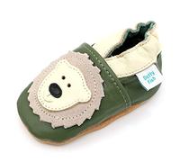 Dotty Fish Scarpine in Pelle Prima Infanzia. Scarpe Bimbi per Primi Passi con Suola Scamosciata. Verde Oliva con Orso. 18-24 Mesi (23 EU)