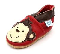 Dotty Fish Scarpine in Pelle Prima Infanzia. Scarpe Bimbi per Primi Passi con Suola Scamosciata. Rosso con Scimmia Marrone. 3-4 Anni (27 EU)