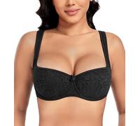 DotVol Reggiseno a Balconcino per Donna Taglie Forti Intimo con Spalline Larghe Lingerie Leggermente Imbottita con Ferretto Pizzo Sexy Nero 4D