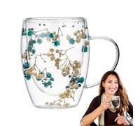 Double Glass Coffee Cups - Flower Glass Tea Mug | Glass Flower Mug | Double Wall Clear Glass Coffee Mugs | Clear Glass Cups with Handle | Flowers Double Insulated Glass Cup for Hot Cold Beverages