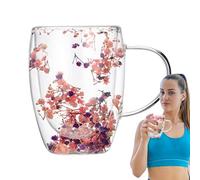 Double Glass Coffee Cups - Flower Glass Tea Mug | Glass Flower Mug | Double Wall Clear Glass Coffee Mugs | Clear Glass Cups with Handle | Flowers Double Insulated Glass Cup for Hot Cold Beverages