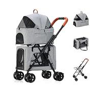 Double Pet Pram Stroller, Lightweight Pet Strollers for Dogs and Cats, Pet Gear 4 Wheel Dog Pram Pet Stroller Pushchair Great for Twin or Multiple, Breathable Travel Carrier, Gray
