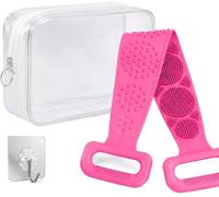 Double-Sided Silicone Back Scrubber Shower, Silicone Back Scrubber For Shower, Soft Bath Brush with Loop Handles Reach Your Back During Showers, 360° Anti-Slip, Travel Size Rubbing Tool (Pink)