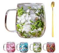 Double Transparent Glass Flower Tea Cup,Insulated Layer Dried Flower Coffee Cups with Handle,Creative Clear Heat Resistant Flowers Cup for Tea Milk Hot Cold Drinkers,Unique Gift Idea (Green)