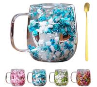 Double Transparent Glass Flower Tea Cup,Insulated Layer Dried Flower Coffee Cups with Handle,Creative Clear Heat Resistant Flowers Cup for Tea Milk Hot Cold Drinkers,Unique Gift Idea (Blue)