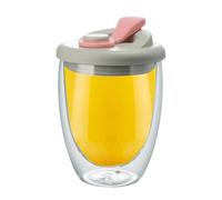 Double Wall Glass Coffee Cup - 350 ml Insulated Mug with Lid for Hot &
