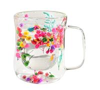 Double Wall Glass Coffee Mugs - Flower Double Wall Tea Cups | 400ml Elegant espressso Cups | Flower Glasss Tea Cup, Clear Dried Flowers Glass Coffee Mugs With Handle For Hot & Cold Beverages