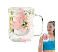 Double Walled Mug - Dried Flower Glass, Insulated Coffee Cup Drinkware | Modern Dried Floral Insulation | Mothers Day Celebration, Four Hundred Milliliter Capacity DOUBLE Layer Brew Serving Hardware