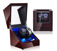 Double Watch Winder Box Luxury Mechanical Watch Storage Case Wood Shell Piano Paint Self Winding Watch Rotator Box with LED Lights Quiet Motor Dual Power Supply Velvet 002