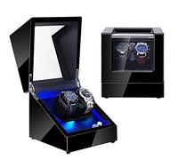 Double Watch Winder Box Luxury Mechanical Watch Storage Case Wood Shell Piano Paint Self Winding Watch Rotator Box with LED Lights Quiet Motor Dual Power Supply Velvet 002
