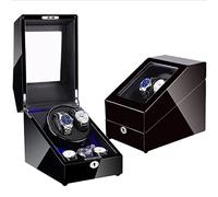 Double Watch Winder with Blue LED Backlight Wooden Display Case Box with 3 Further Watch Slots in Elegant Gloss Finish Quiet Motor And Battery Powered Or AC Adapter (Black C1)
