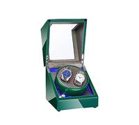 Double Watch Winder with Blue LED Backlight - Wooden Piano Paint - Carbon Fiber Lining - Storage for 2 Watches Travel Case - Quiet Motor - 5 Modes - Double Power Supply (Green)