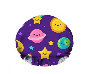 Double WaterproofCuffia da a da bagno Cute Cartoon Kawaii Planets Cosmos Star Meteor Rocket Riutilizzabile Fashion Shower Hat For Women Beauty, BathHair Spa, Home Hotel Travel Use
