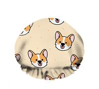 Double WaterproofCuffia da a da bagno Cute Corgi Puppy Face Cartoon Sorriso felice Cane Riutilizzabile Fashion Shower Hat For Women Beauty, BathHair Spa, Home Hotel Travel Use
