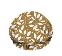 Double WaterproofCuffia da a da bagno Foglie d'oro Art Leaf White Dot Flower Floral Riutilizzabile Fashion Shower Hat For Women Beauty, BathHair Spa, Home Hotel Travel Use
