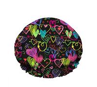 Double WaterproofCuffia da a da bagno Multicolore Grungy Love Hearts Doodle Colors Riutilizzabile Fashion Shower Hat For Women Beauty, BathHair Spa, Home Hotel Travel Use