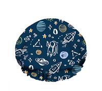 Double WaterproofCuffia da a da bagno Veicolo spaziale Astronauta Space Planet Doodle Cartoon Star Rocket Riutilizzabile Fashion Shower Hat For Women Beauty, BathHair Spa, Home Hotel Travel Use