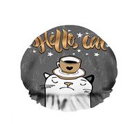Double WaterproofCuffia da a da bagno White Cat Colse Eyes Top Cup Coffee Overhead Riutilizzabile Fashion Shower Hat For Women Beauty, BathHair Spa, Home Hotel Travel Use