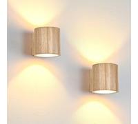 Doughelec Applique da Parete Interno LED 6W Legno, Rotonda Lampada da Parete Applique da Muro Bianco Caldo 3000K G9 Sostituibile Luce Up Down Vintage per Camera da letto Corridoio Soggiorno, 2PCS