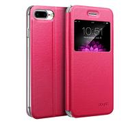 doupi Deluxe Finestra FlipCase per iPhone 8 Plus / 7 Plus (5,5 Pollici), Protezione Custodia Ultra Slim Magnete Flip Cover Protettiva Book Style Etui Stare in Piedi, Rosa Rosso