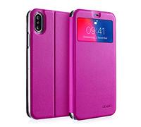 doupi Deluxe Finestra FlipCase per iPhone X/XS 5,8 Pollici, Protezione Custodia Ultra Slim Magnete Flip Cover Protettiva Book Style Etui Stare in Piedi, Rosa Rosso