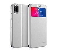 doupi Deluxe Finestra FlipCase per iPhone X/XS 5,8 Pollici, Protezione Custodia Ultra Slim Magnete Flip Cover Protettiva Book Style Etui Stare in Piedi, Bianco