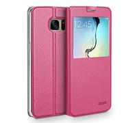 doupi Deluxe Finestra FlipCase per Samsung Galaxy Note 5, Protezione Custodia Ultra Slim Magnete Flip Cover Protettiva Book Style Etui Stare in Piedi, Rosa Rosso