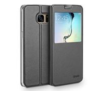 doupi Deluxe Finestra FlipCase per Samsung Galaxy S6 Edge, Protezione Custodia Ultra Slim Magnete Flip Cover Protettiva Book Style Etui Stare in Piedi, Nero