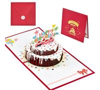 DOUSELLA Biglietto Auguri Compleanno 3D Biglietto Torta Pop-up Biglietto di Auguri con Origami Surprise Cartolina Pop-up di Compleanno con Biglietto Piccolo e Busta per Familiari Amici e Bambini Rosso