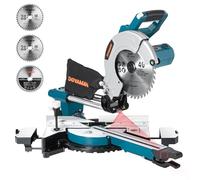 DOVAMAN Troncatrice Radiale Lama Ø255 mm, Multimateriale, 2 Velocità, 2000W | 3 Lame TCT, Taglio Max 340 x 90 mm, Angolo 0-45°, Guida Laser, 9 Posizioni, per Legno, PVC, Alluminio e Metalli