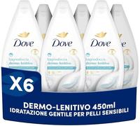 Dove Bagnodoccia Dermo-Lenitivo, Bagnoschiuma Delicato per Pelli Sensibili con 1/4 Crema Idratante, Docciaschiuma Corpo Nutriente e Idratante per Pelle Morbida e Liscia, 6x450ml
