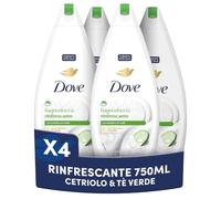 Dove Bagnoschiuma Rinfrescante Cetriolo & Tè Verde, Uomo e Donna, 4x750ml | Bagnoschiuma con Idratante Dermo-Naturale, con 1/4 di Crema Idratante, Dermatologicamente Testato