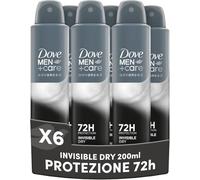 Dove Deodorante Dove Men + Care Invisible Dry Spray Advanced Care, Deodorante Uomo, con 1/4 Crema Idratante, Formula Idratante e Anti-Macchia, Protezione Fino a 72 Ore, 6 Pezzi da 200ml