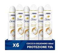 Dove Deodorante Spray Advanced Care Go Fresh Cocco e Fiori di Gelsomino, Formula Idratante e Delicata sulla Pelle, Senza Alcol, Pelle Asciutta Fino a 72 Ore, Deodorante Uomo e Donna, 6 Pezzi da 150ml