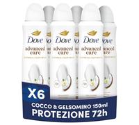 Dove Deodorante Spray Advanced Care Go Fresh Cocco e Fiori di Gelsomino, Formula Idratante e Delicata sulla Pelle, Senza Alcol, Pelle Asciutta Fino a 72 Ore, Deodorante Uomo e Donna, 6 Pezzi da 150ml
