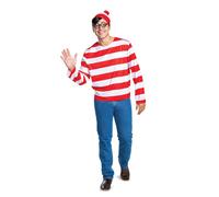 Disguise Men's Wheres Halloween, Official Adult Waldo Costume Set with Shirt and Cap with Glasses Outfit, Multicolored, Medium (38-40)