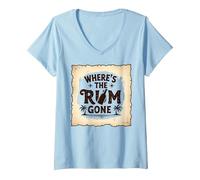 Dov'è finito Il Rum: Festa Tropicale sulla Spiaggia Maglietta con Collo a V, Donna, Celeste, XL