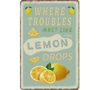 Dove i problemi si sciolgono come gocce di limone, cartello in latta, taglia via la preoccupazione, vintage, divertente, cartello in metallo con limone, decorazione da parete, post 8x12 pollici
