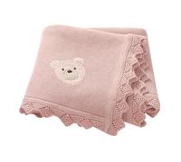 DovFanny Coperta traforata in cotone per neonati, coperta in maglia morbida per neonati maschi e femmine con adorabile orsetto ricamato