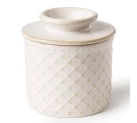 DOWAN Burro francese per bancone con acqua, burriera in ceramica con coperchio per piano di lavoro, porta burro per burro morbido spalmabile, porta burro da lasciare sul bancone, goffratura, bianco