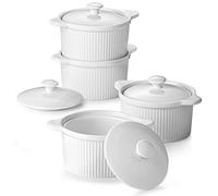 DOWAN Pirottini per Soufflé Set con Coperchi, 4 X 210 ml Stampi a Prova di Forno per Crème Brulée, Muffin, Dolci e Pasticceria, Mini Ciotola Porcellana per Forno, Salsa, Snack, Fruttoda, Ø 10cm-Bianco
