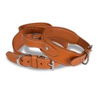 DowgClub | Collare tattico per cani con maniglia, in vera pelle di grado sella, resistente, confortevole, imbottito, forte | ideale per razze medie, grandi e XL (M (misura collo 36,8 - 47 cm), marrone chiaro)