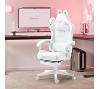 Dowinx Sedia da gioco - Dolce gatto Edition - Sedia ergonomica per computer con schienale alto e supporto lombare, in pelle PU, poggiapiedi, gatto bianco
