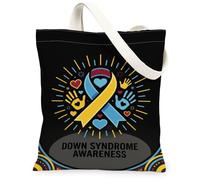 Down Syndrome Awareness Ribbon Theme Graphic Canvas Tote Bag 33 x 38,1 cm | Nastro blu e giallo, grafica con impronte di mani, simboli del cuore, tema causa di supporto, borsa da trasporto quotidiana